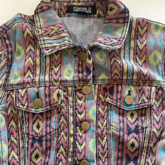 Forever 21 Premium Denim | Tribal Aztec Boho Cropped Denim Jacket Y2K Size S - Picture 10 of 12